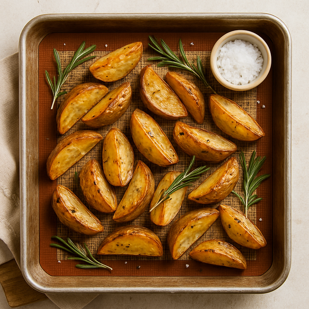 Crispy skin‑on roasted potatoes on a sheet pan with rosemary — zero‑waste silicone mat.