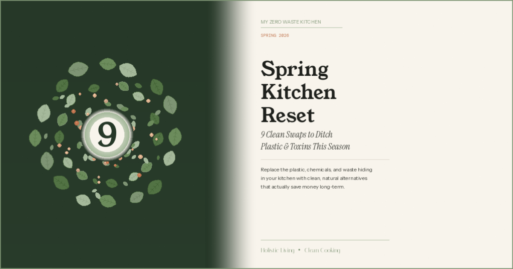 Spring Kitchen Reset: 9 zero-waste kitchen swaps illustrated with a botanical leaf wreath surrounding the number 9 on a deep green background