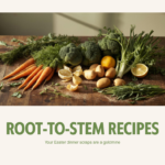 Fresh root vegetables, herbs, and citrus arranged on a natural surface showcasing zero waste root-to-stem cooking ingredients