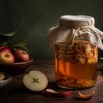 A glass jar of amber apple scrap vinegar covered with linen and twine, with a halved apple, apple peel and whole apples on a wooden counter