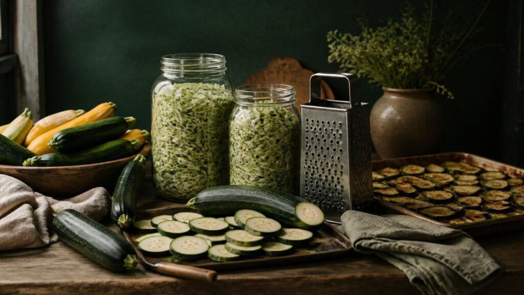 August zucchini harvest with shredded zucchini packed in glass jars, sliced coins, a stainless box grater and a tray of roasted zucchini