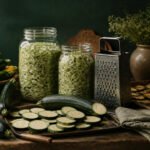August zucchini harvest with shredded zucchini packed in glass jars, sliced coins, a stainless box grater and a tray of roasted zucchini