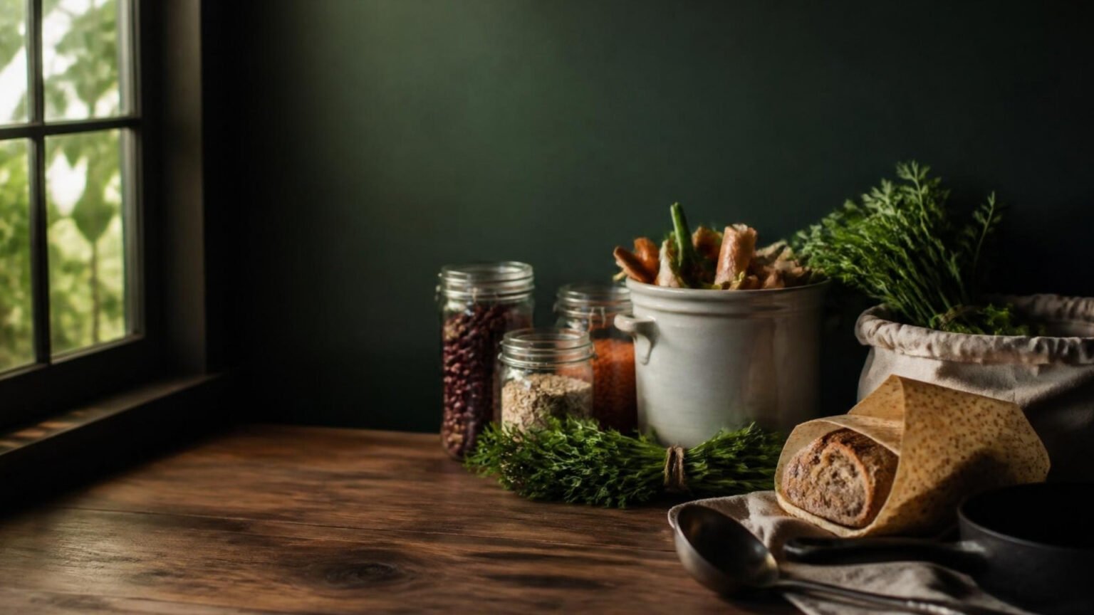 Walnut kitchen counter by a window with glass jars of dry goods, a crock of saved vegetable scraps, fresh herbs and a cast iron pan