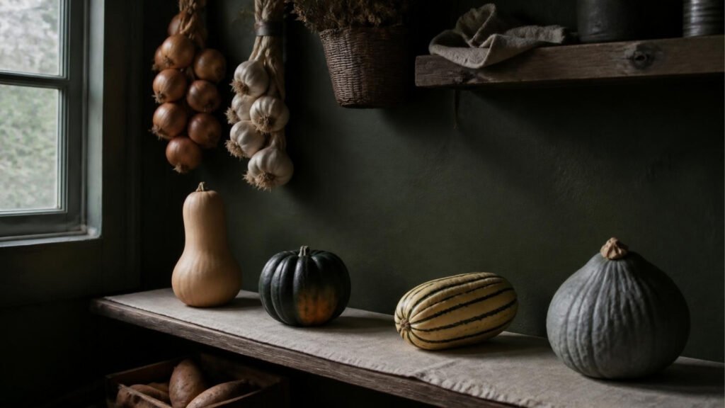 Butternut, acorn, delicata and hubbard squash stored in a single layer on a linen-lined pantry shelf, with braids of onions and garlic hanging by the window