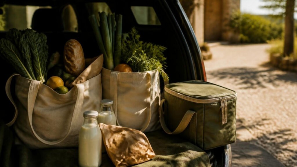 Canvas grocery totes of fresh produce, bread and glass milk bottles in the open back of a car on a hot summer day beside an insulated cooler bag