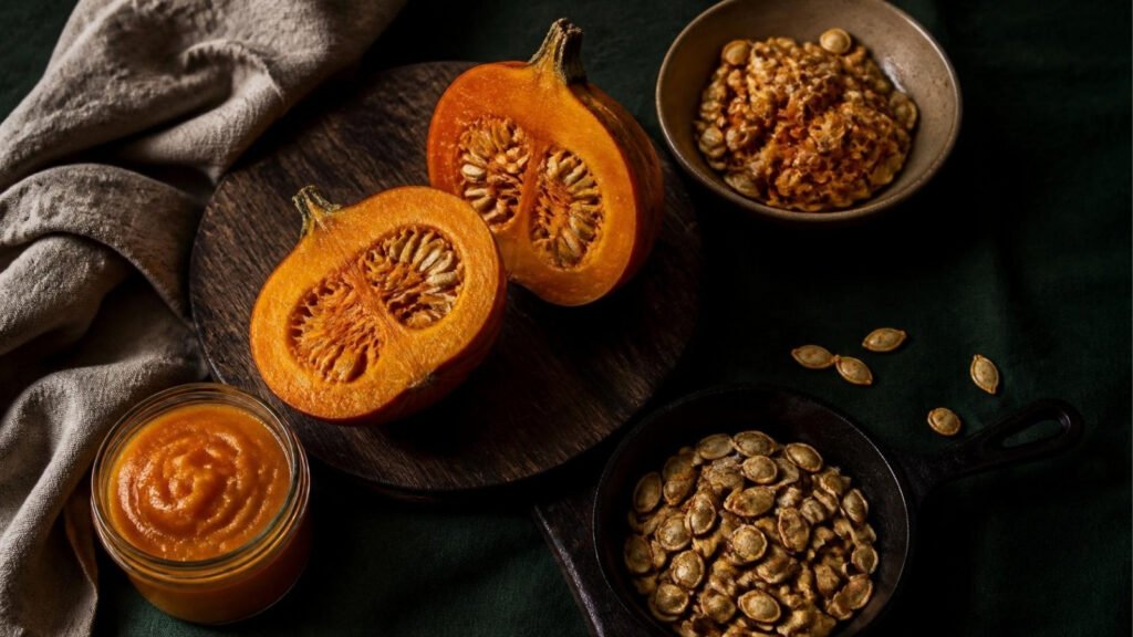 A halved pie pumpkin showing seeds and pulp on a wooden board, with roasted pumpkin seeds in a cast iron pan, a bowl of seeds and a jar of pumpkin puree
