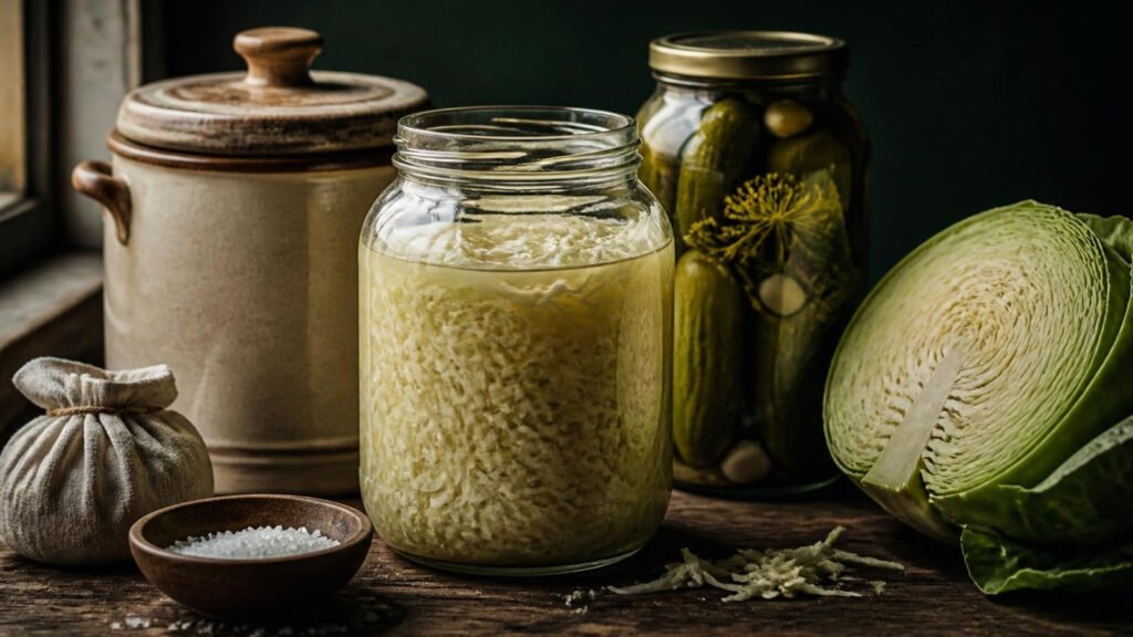 Jars of homemade sauerkraut and fermented dill pickles beside a stoneware crock, a halved cabbage and a bowl of pickling salt