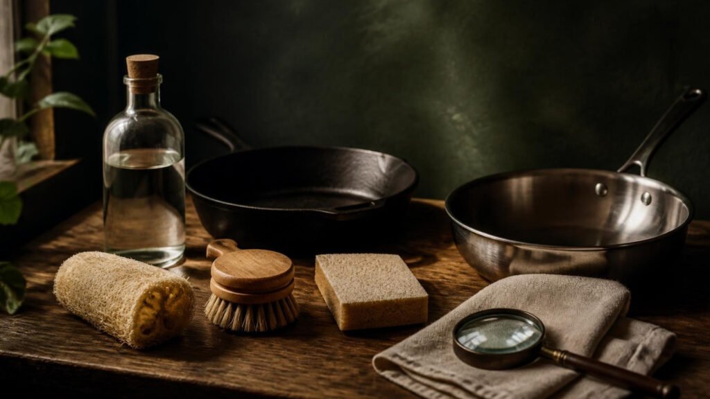 A loofah sponge, wooden dish brush and plain sponge beside cast iron and stainless pans, a bottle of vinegar and a magnifying glass on a linen towel