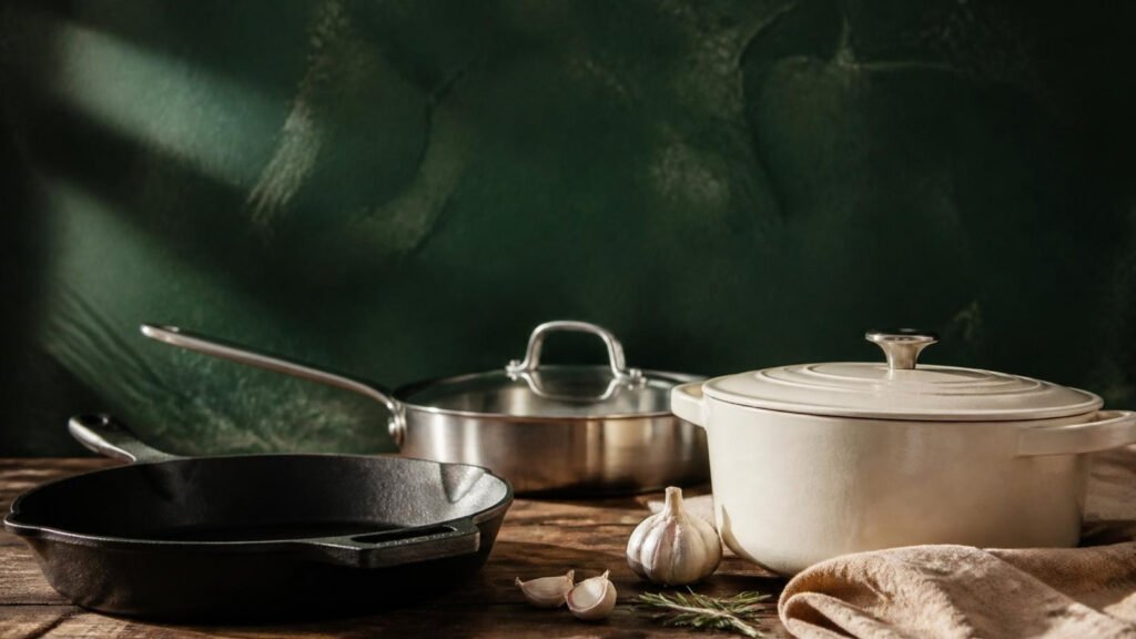 A cast iron skillet, a stainless steel saute pan with a glass lid and a cream enameled Dutch oven on a wooden counter with garlic, rosemary and a linen towel