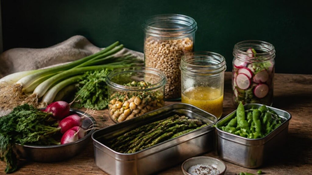 Spring meal prep in glass jars and stainless steel containers with asparagus, snap peas, radishes, chickpeas and vinaigrette