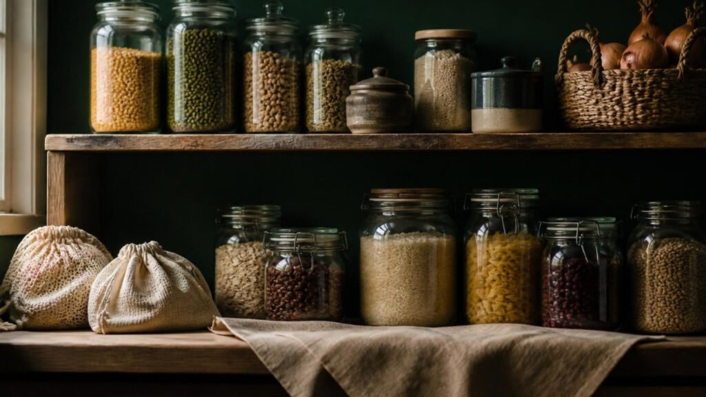 Wooden pantry shelves lined with glass jars of beans, lentils, rice, oats and pasta, with cotton produce bags, a stoneware crock and a basket of onions